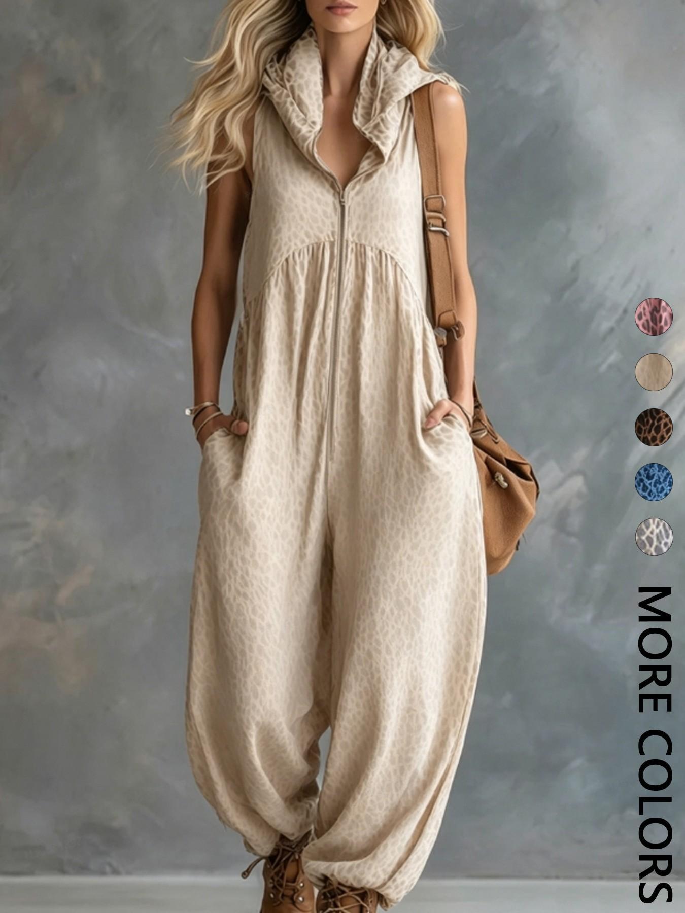 VVZ Women's Summer Leopard Print Hooded Zip-Up Jumpsuit