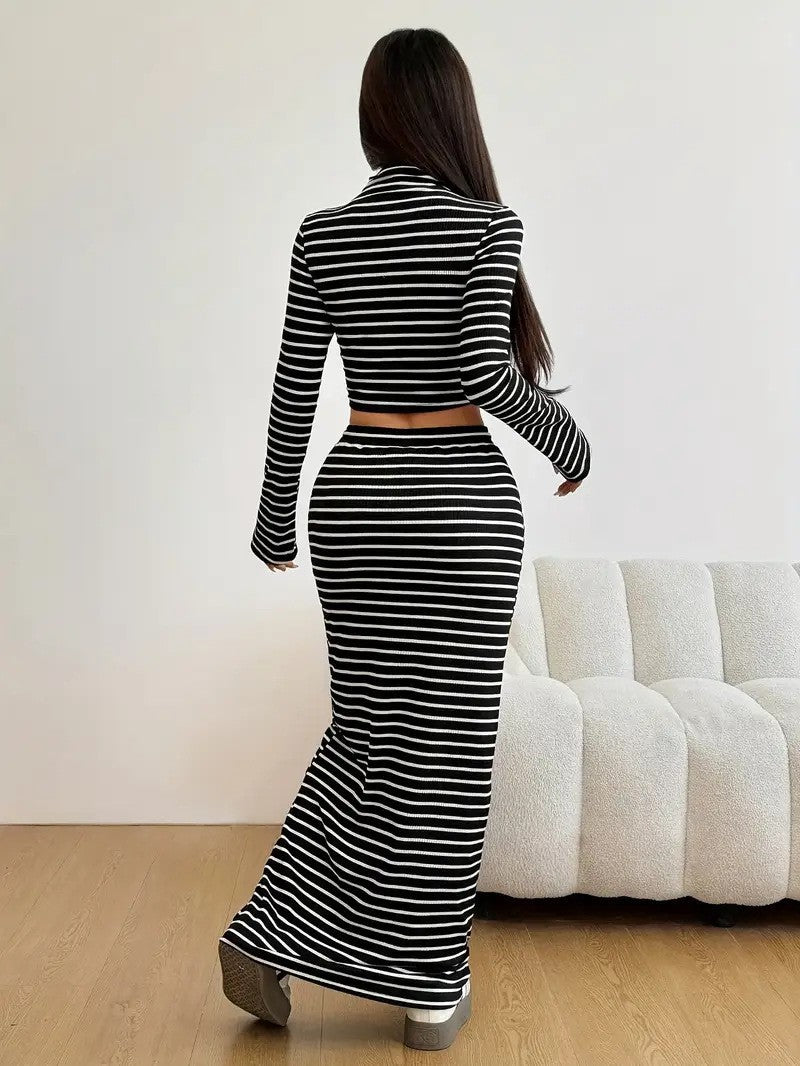 VVZ Women's Striped Print Long Sleeve Top & Skirt Two-Piece Set
