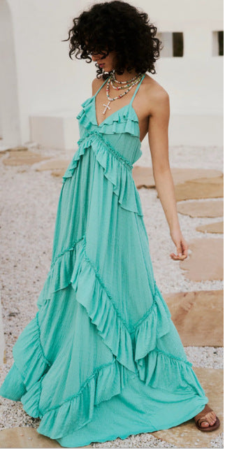 VVZ Women's Halter-Neck Ruffled Maxi Dress