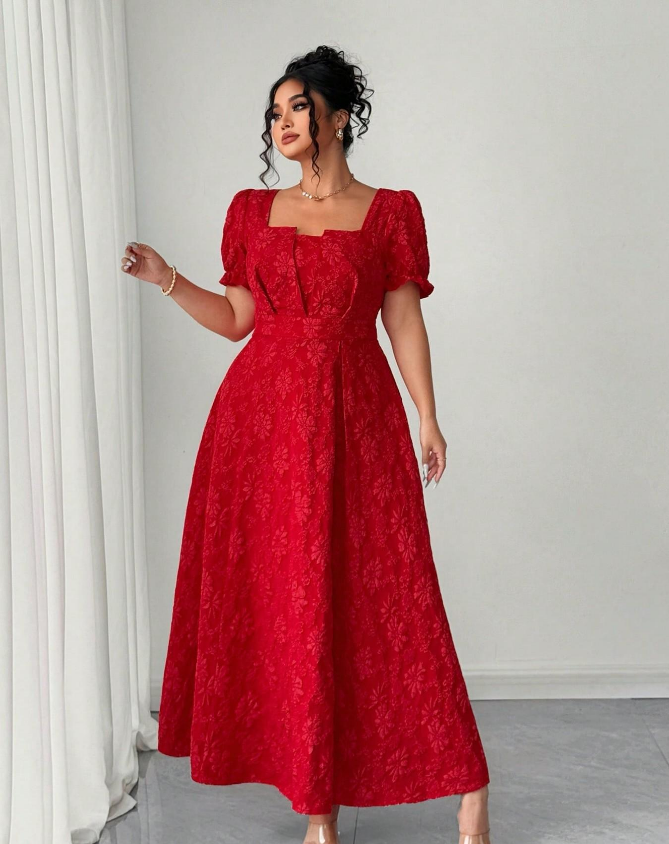 VVZ Plus-Size Embroidered A-Line Maxi Dress with Square Neckline, Puff Sleeves, and Tie Detail