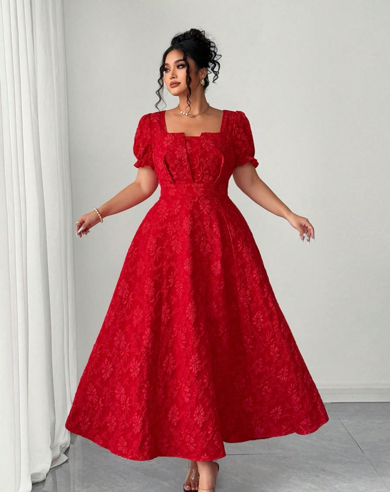 VVZ Plus-Size Embroidered A-Line Maxi Dress with Square Neckline, Puff Sleeves, and Tie Detail