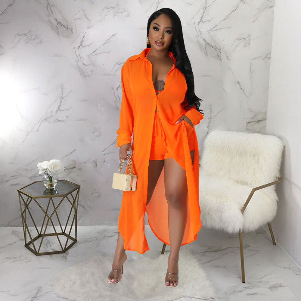 VVZ Women's Solid Color Button Front Shirt & Shorts Two-Piece Set