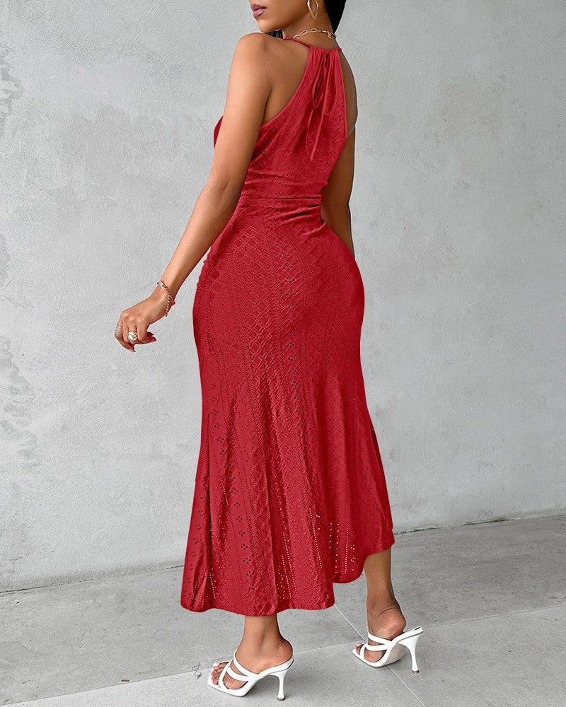 VVZ Sleeveless Pleated Long Gown with Front Slit