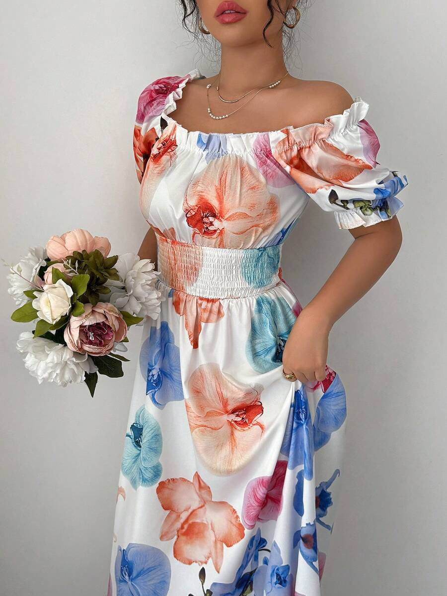 VVZ Printed puff-sleeve dress with a fitted waist