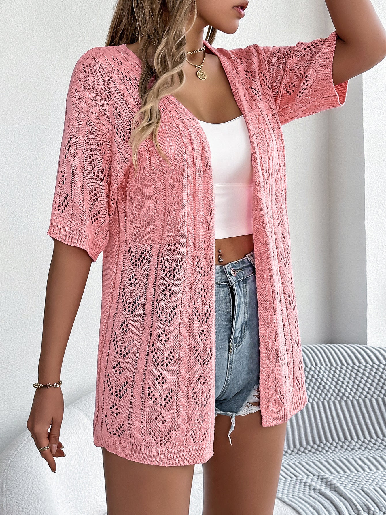 VVZ Women's Solid-Color Open-Knit Sheer V-Neck Drop-Shoulder Slim-Fit Cardigan