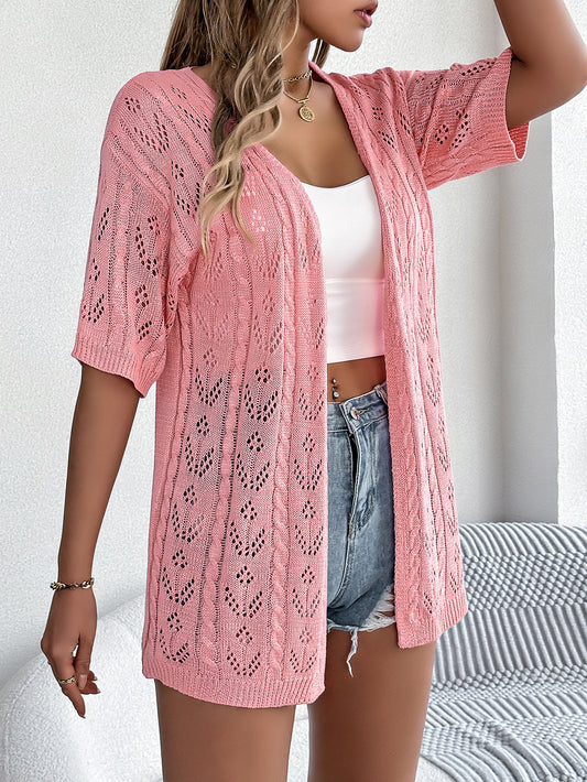 VVZ Women's Solid-Color Open-Knit Sheer V-Neck Drop-Shoulder Slim-Fit Cardigan