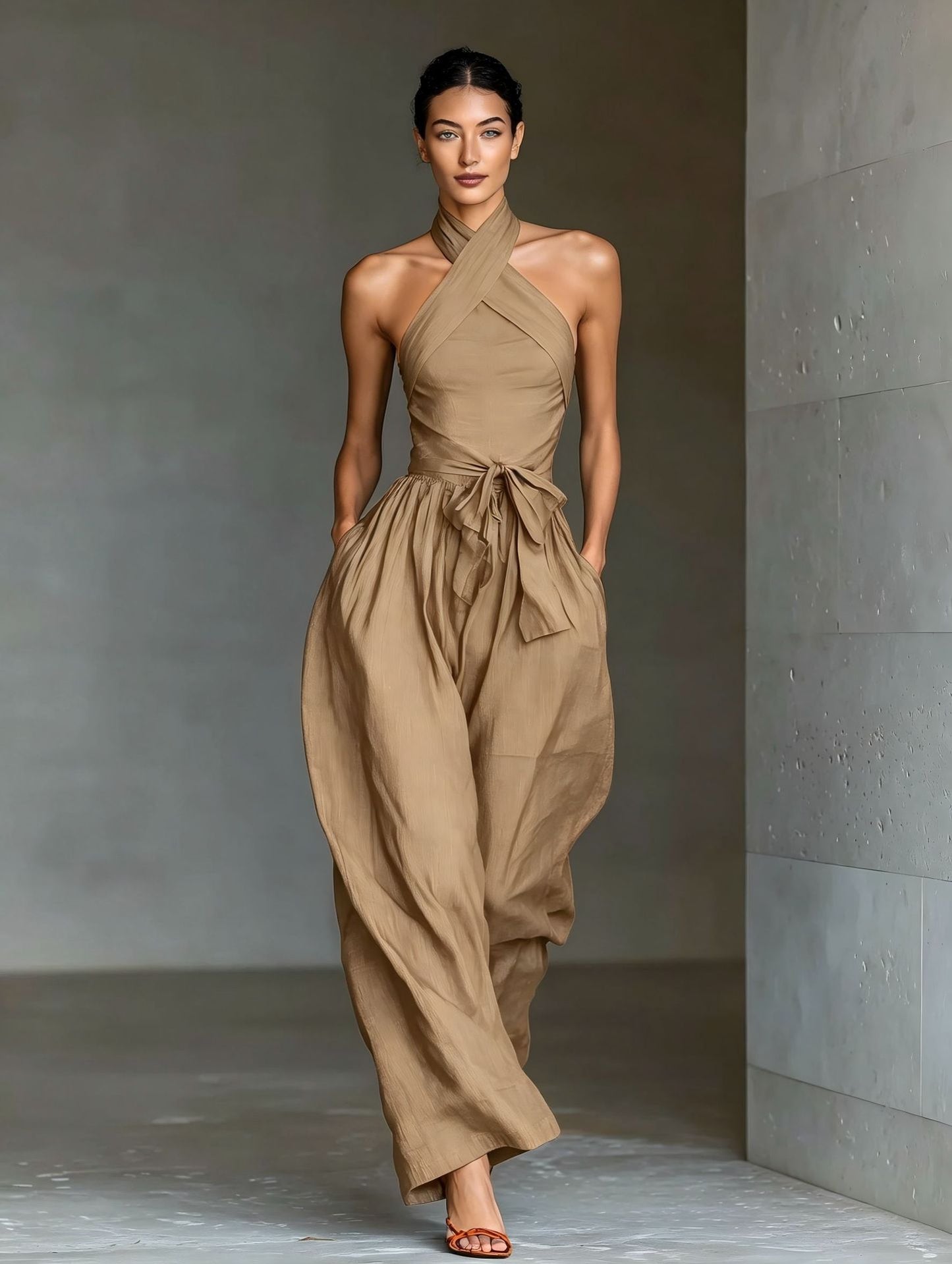 VVZ Women's Solid-Color Sleeveless Halter-Neck Tie-Front Jumpsuit