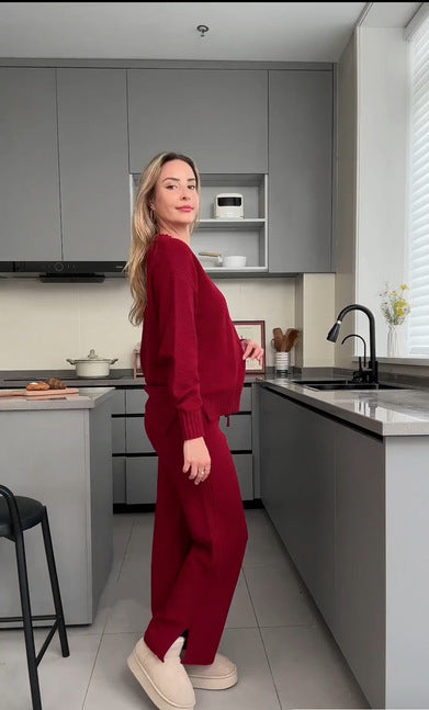 VVZ Women'S Oversized Round Neck Sweater & Wide-Leg Pants Two-Piece Set