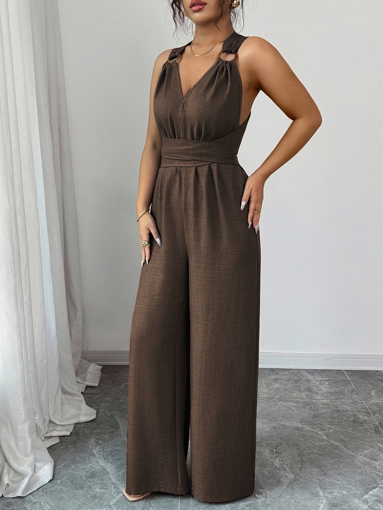 VVZ V-Neck, Tie-Waist, Wide-Leg Jumpsuit