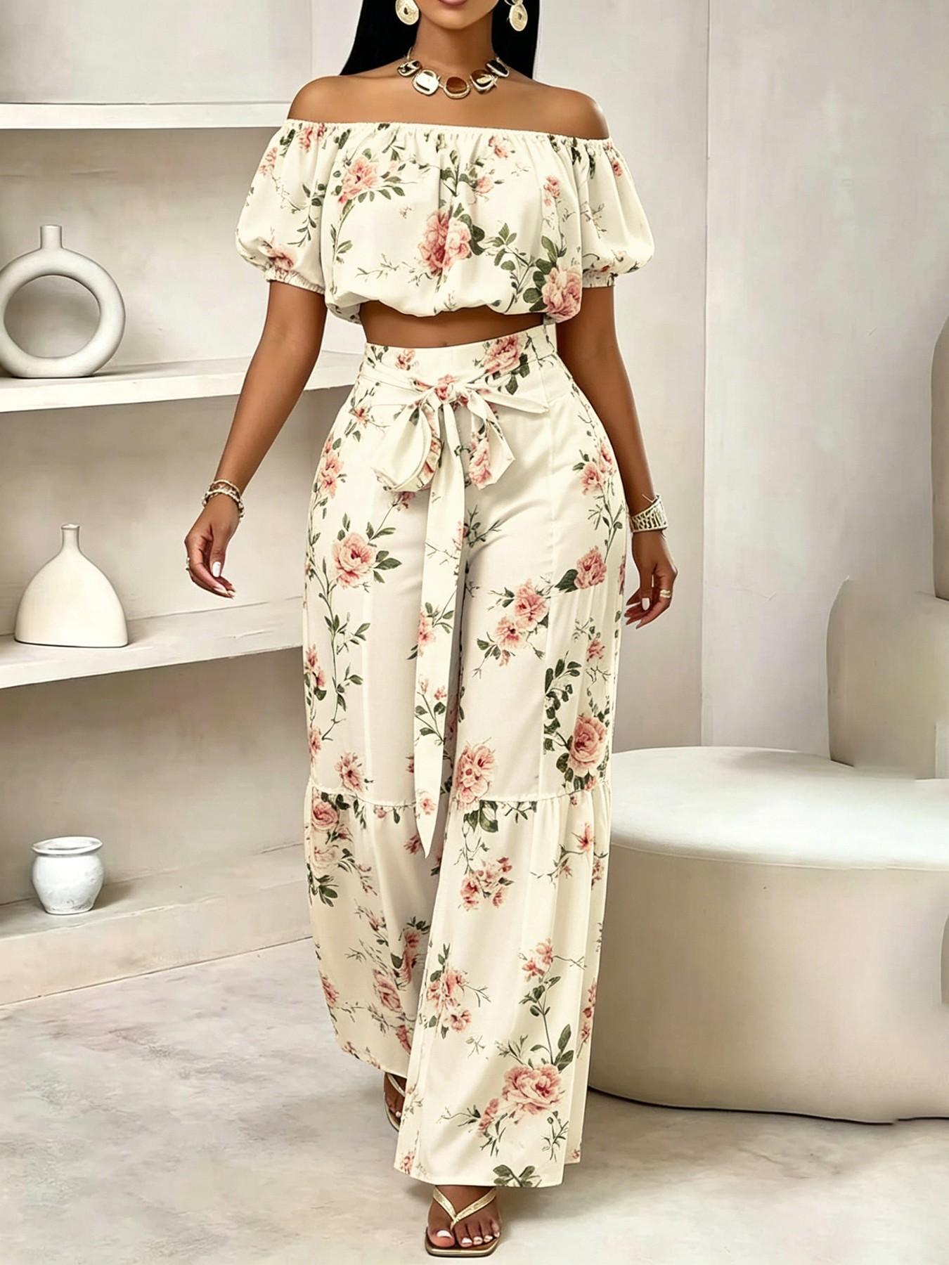 VVZ Off-Shoulder Puff-Sleeve Cropped Top and High-Waisted Drawstring Wide-Leg Pants