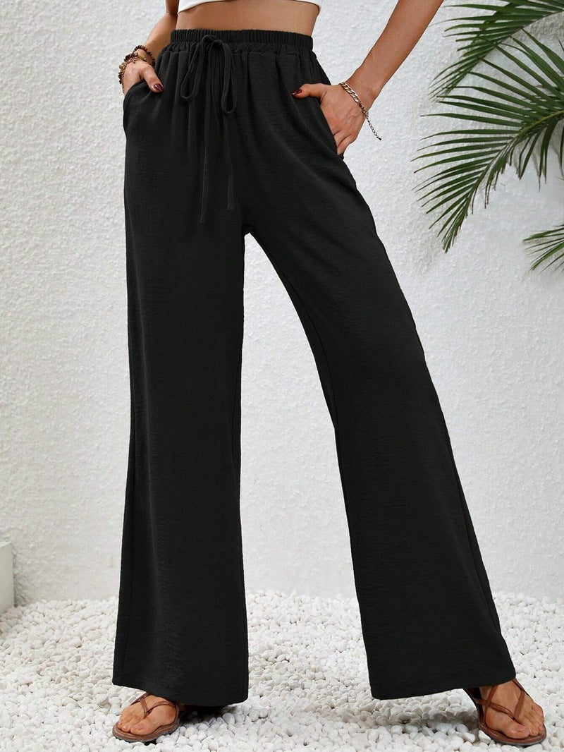 VVZ Women's Solid-Color Straight-Leg Pants with Pockets and Front Tie Closure