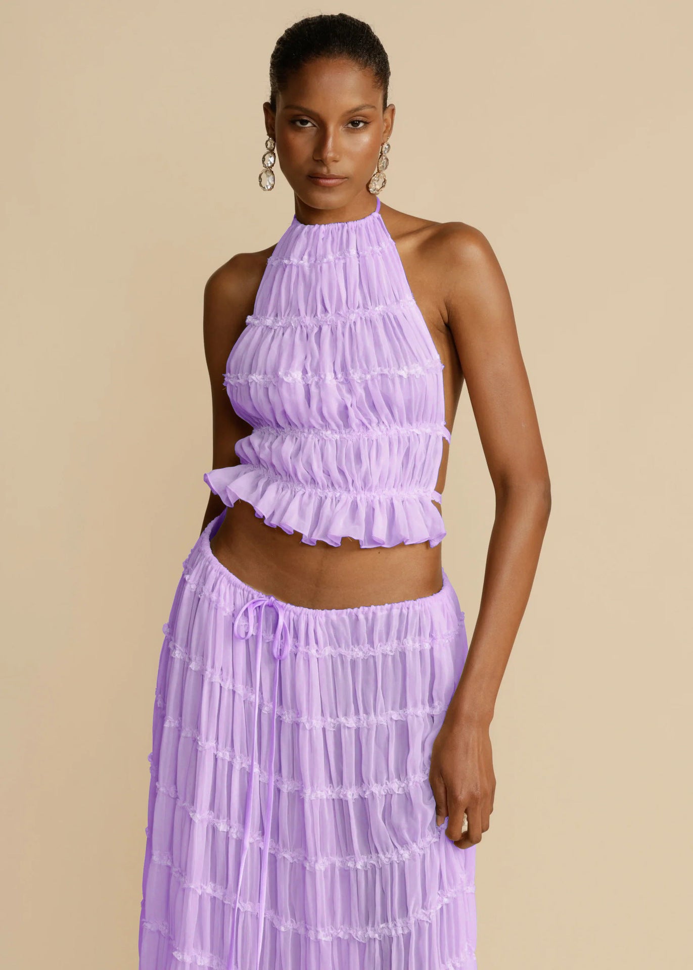 VVZ Sleeveless Ruched Halter Top and Long Skirt