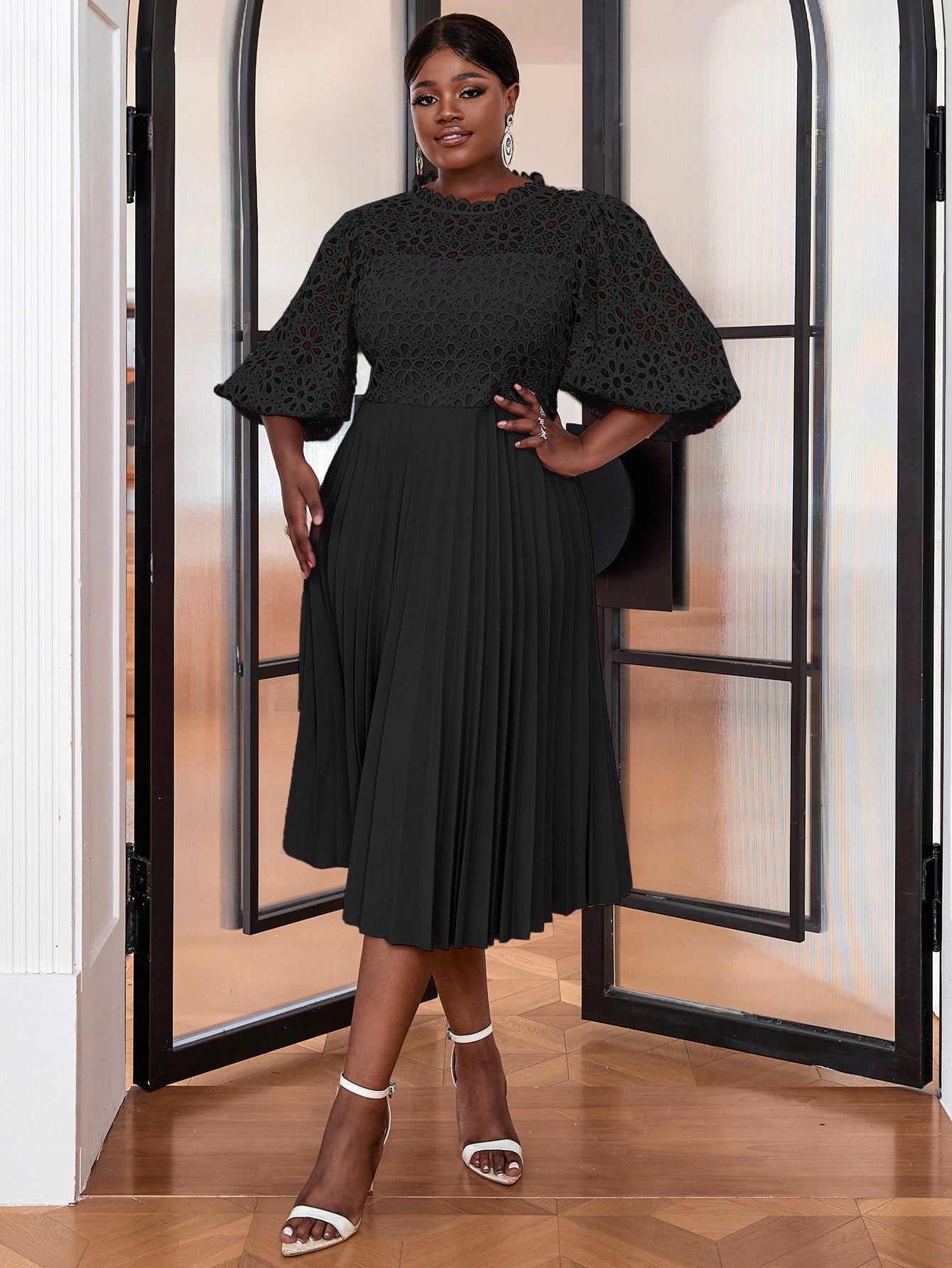 VVZ Solid-Color Open-Front Crocheted Lace Shawl Dress