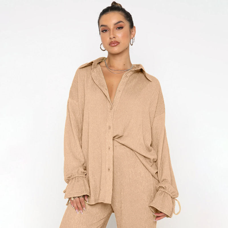 VVZ Women's Solid-Color Collared Button-Down Shirt and Slit-Hem Trousers Set