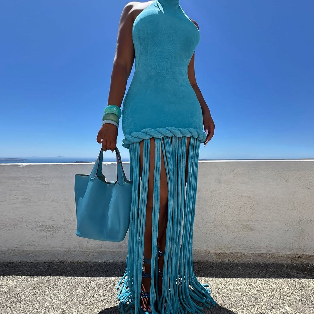 VVZ Sexy Halter-Neck Backless Solid-Color Dress