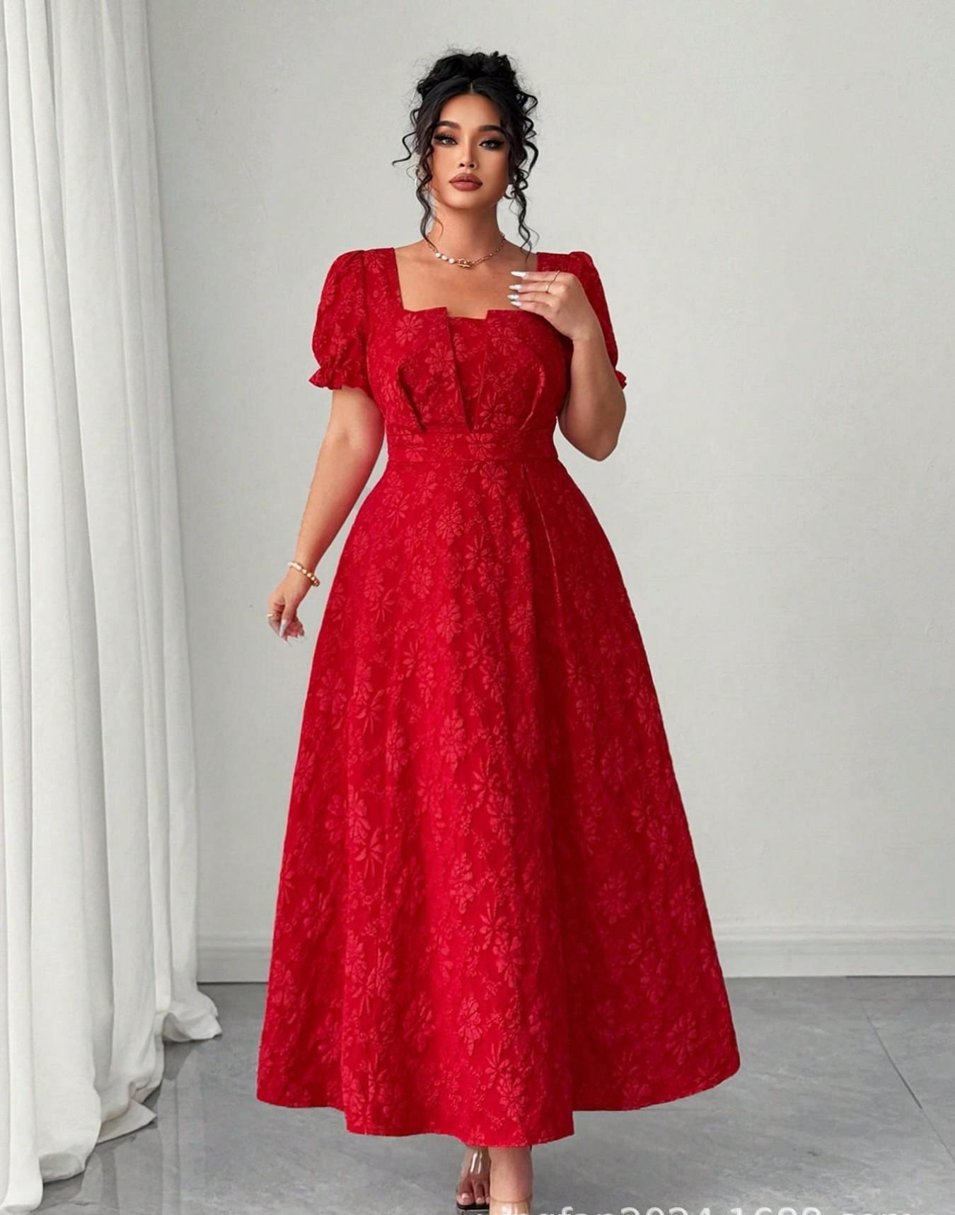VVZ Plus-Size Embroidered A-Line Maxi Dress with Square Neckline, Puff Sleeves, and Tie Detail
