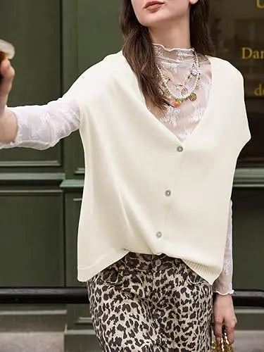 VVZ Lightweight, Short-Sleeve Batwing Knit Top with Button-Front V-Neck