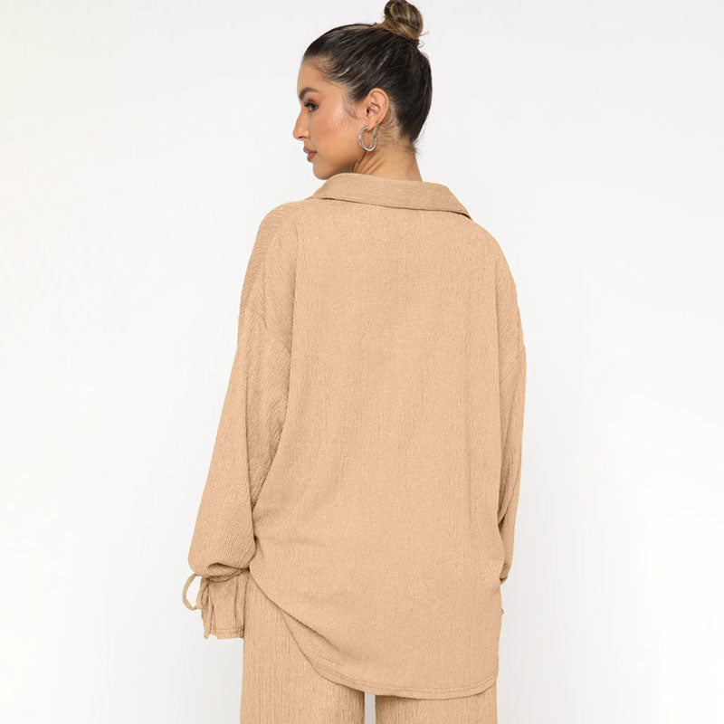 VVZ Women's Solid-Color Collared Button-Down Shirt and Slit-Hem Trousers Set