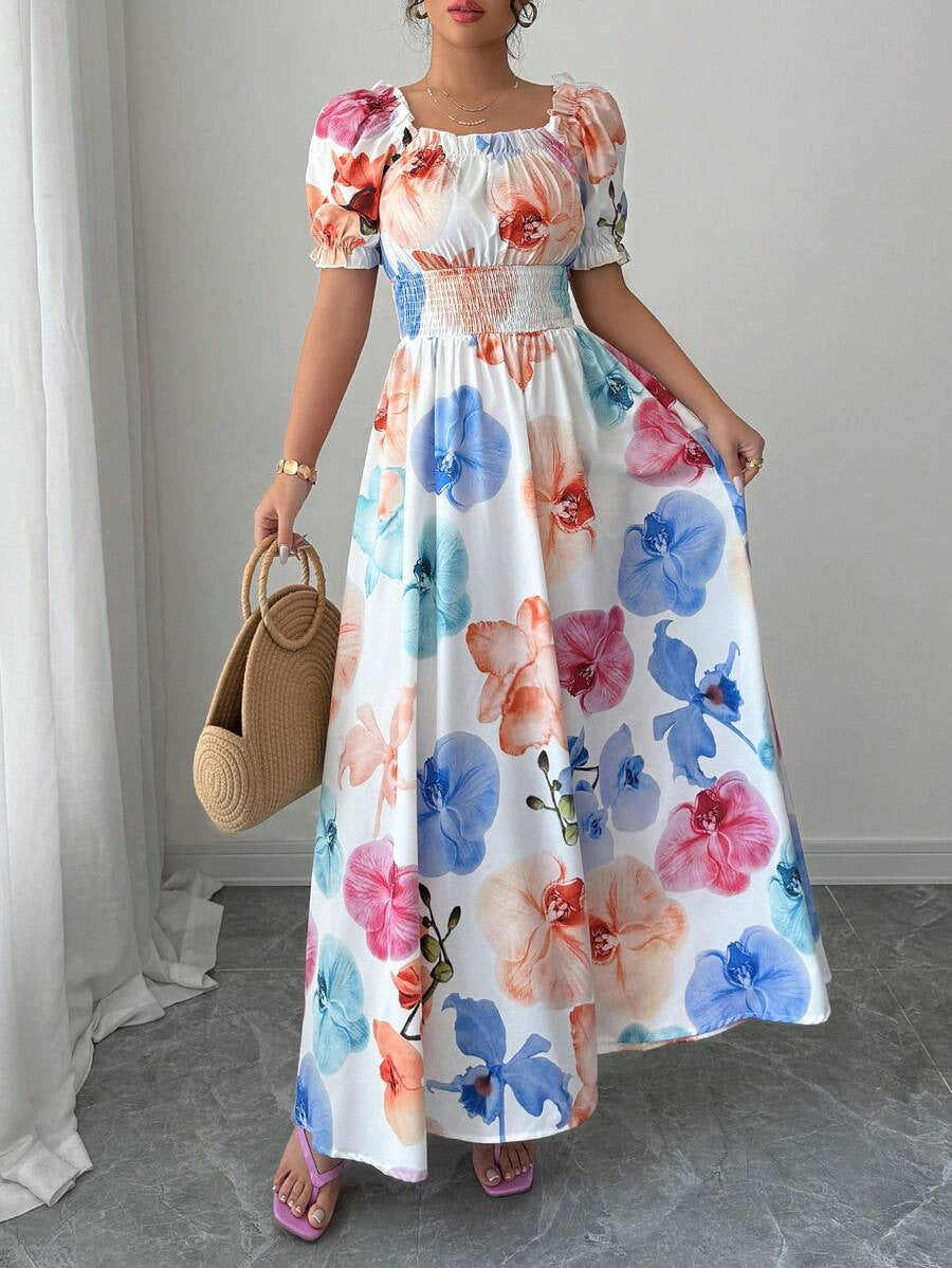 VVZ Printed puff-sleeve dress with a fitted waist