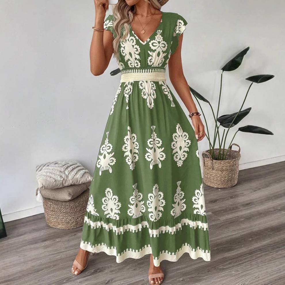 VVZ Women's V Neck Ruffle Hem A-Line Dress
