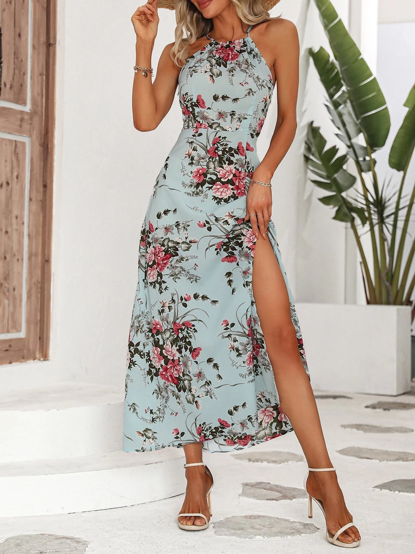 VVZ Women's Floral Print High-Slit Halter Dress