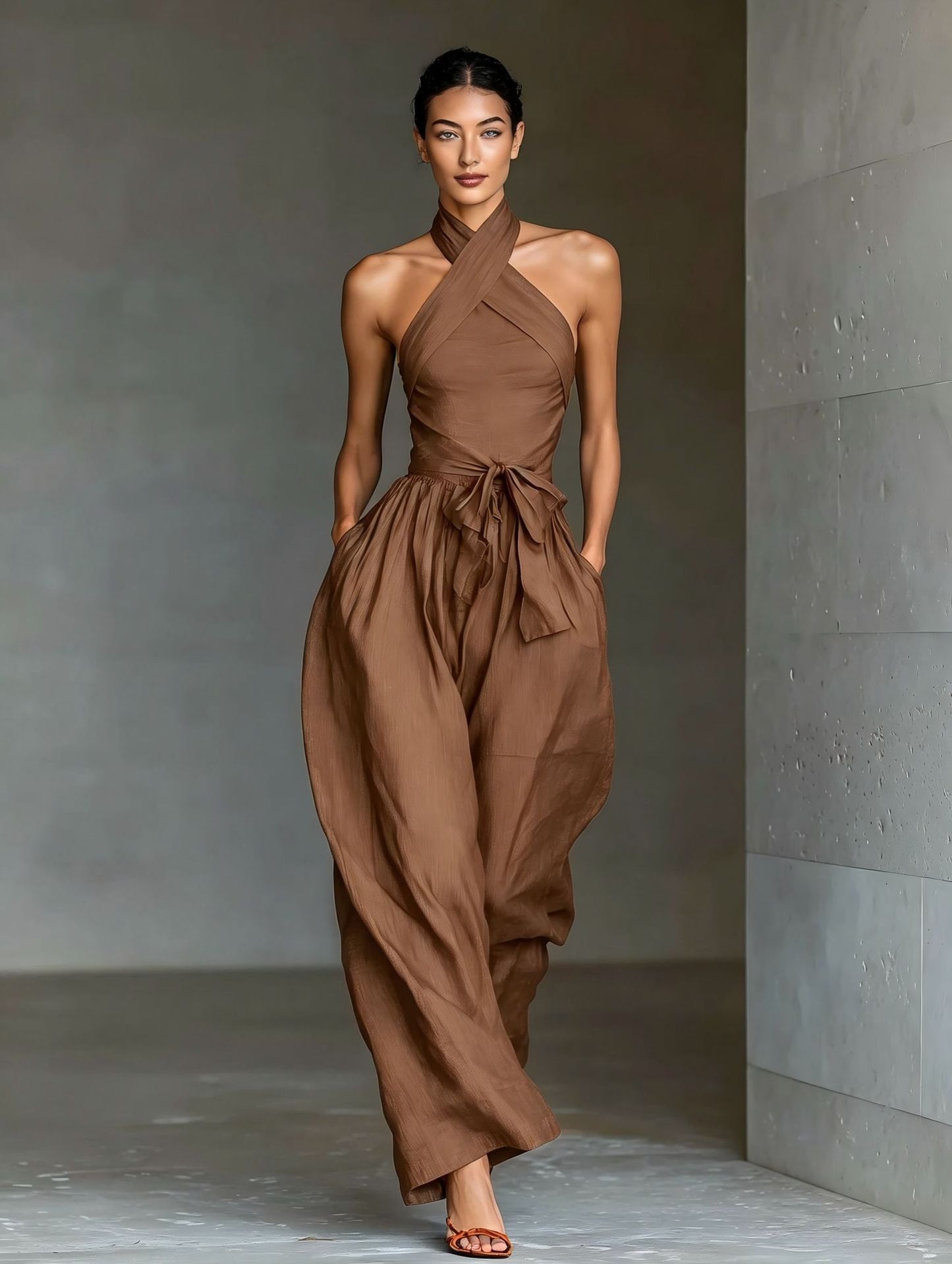 VVZ Women's Solid-Color Sleeveless Halter-Neck Tie-Front Jumpsuit
