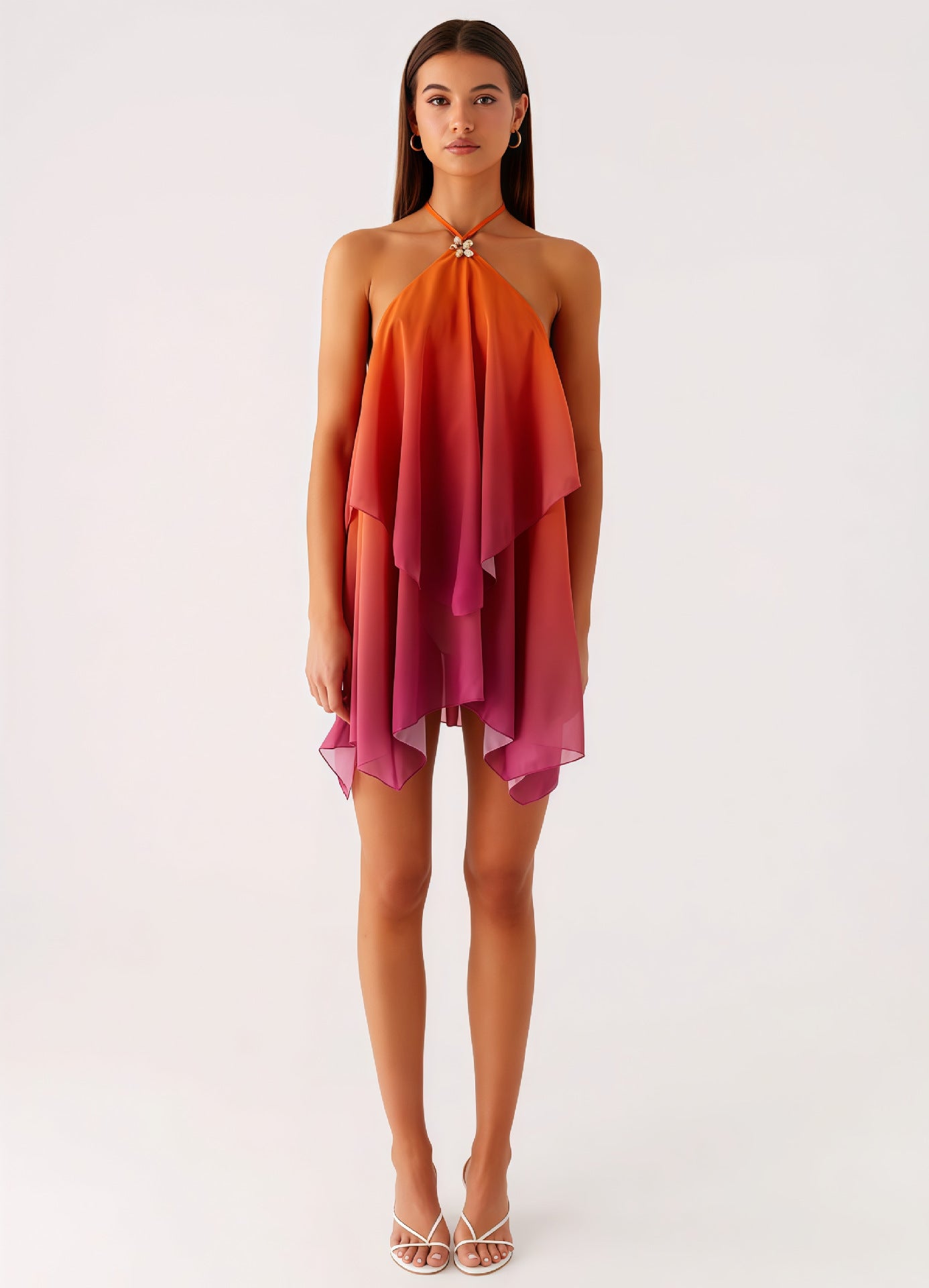 VVZ Loose-Fit Mesh Halter Dress with Gradient Color
