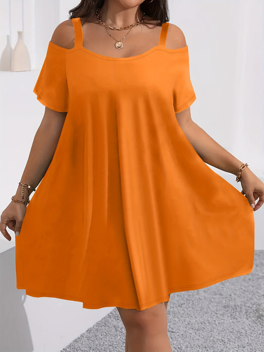 VVZ Plus-Size Women's Casual Midi Dress: Crew Neck, Short Sleeve, Cold-Shoulder, Slim Fit