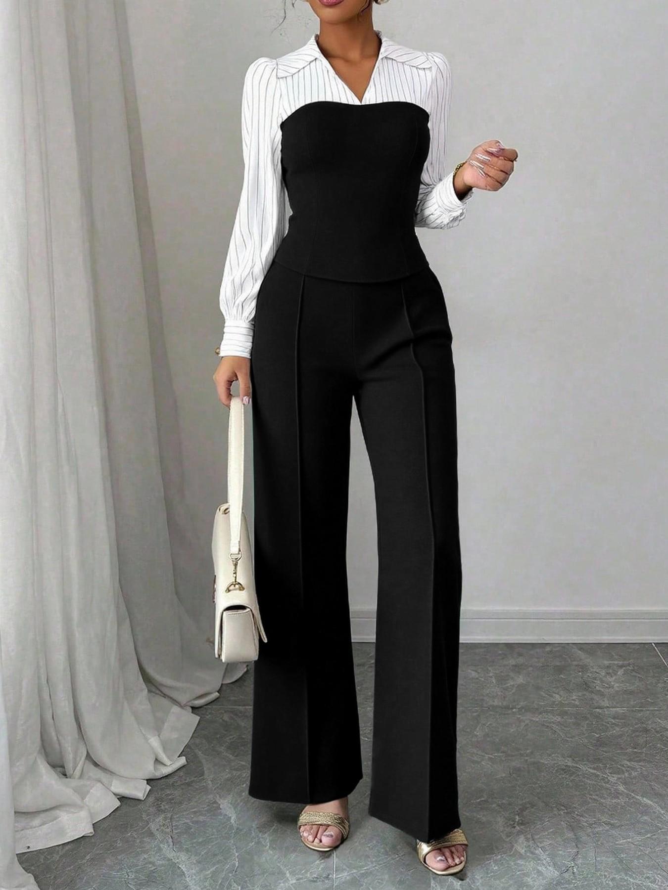 VVZ Women's Long Sleeve Colorblock Patchwork Shirt Set