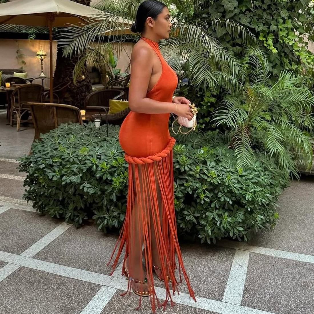 VVZ Sexy Halter-Neck Backless Solid-Color Dress