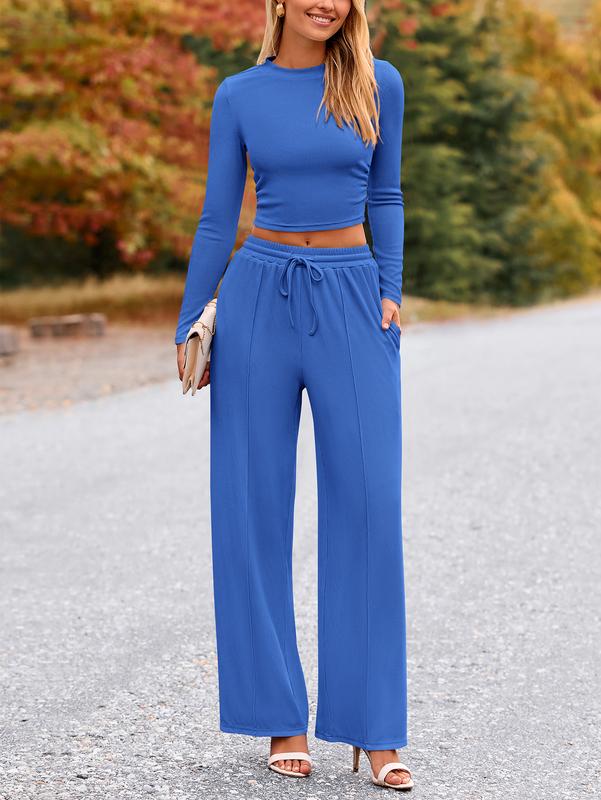 VVZ 2-Piece Ribbed Knit Long Sleeve Crop Top Wide Leg Pants Matching Lounge Set Loungewear