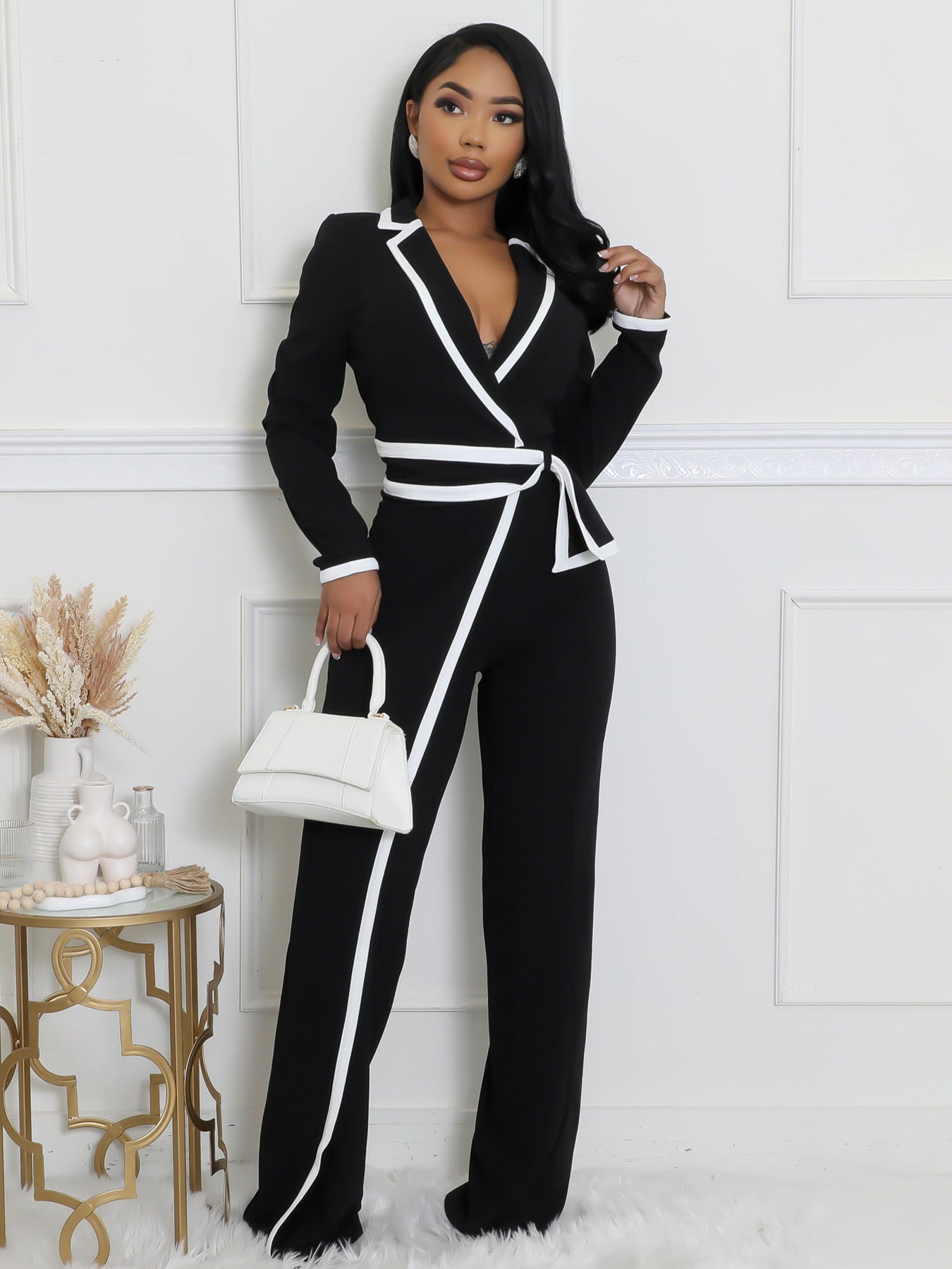 VVZ Women's Color-Block Patchwork Lapel Jumpsuit with Shoulder Pads