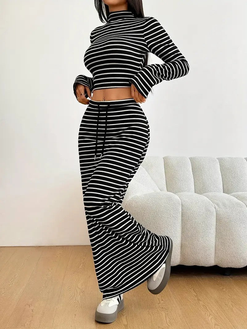 VVZ Women's Striped Print Long Sleeve Top & Skirt Two-Piece Set