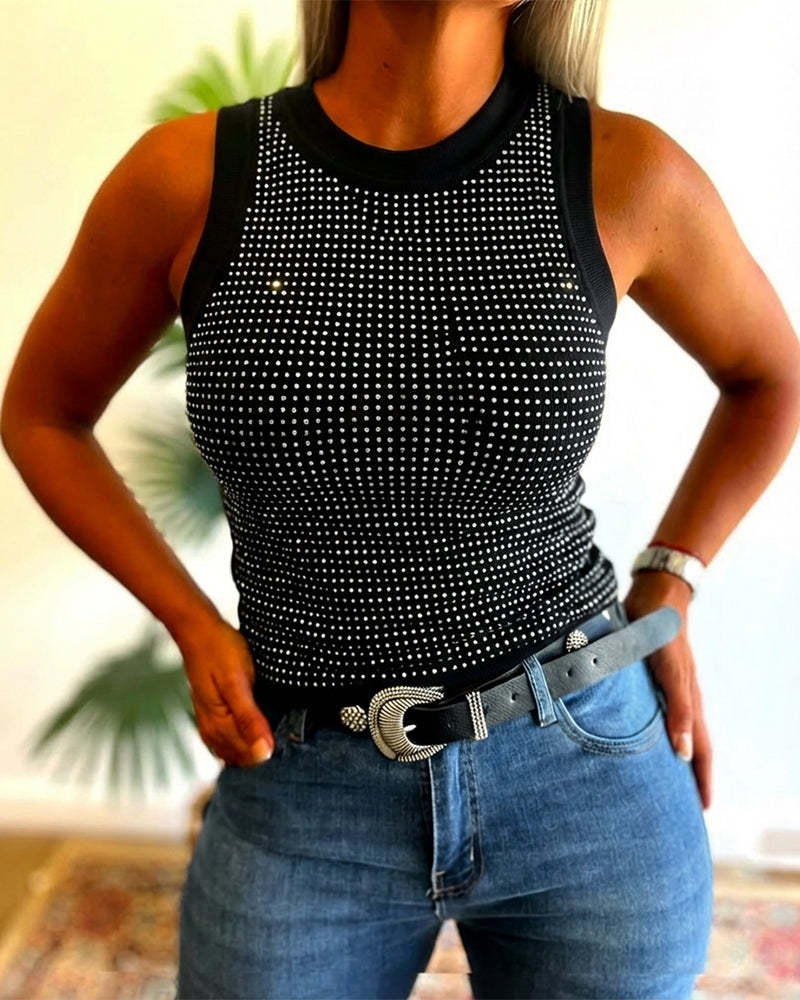 VVZ Women's Rhinestone Decorated Round Neck Sleeveless Slim Fit Ribbed Vest