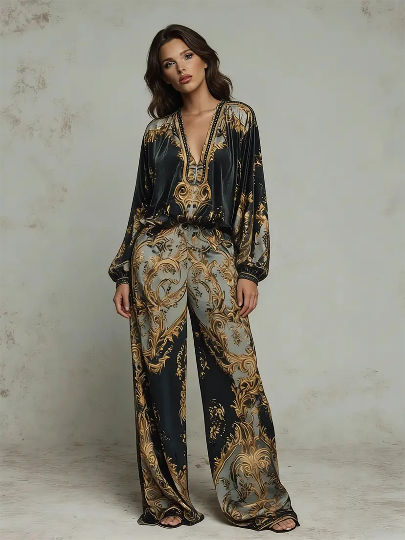 VVZ Deep V-Neck Top and High-Waisted Wide-Leg Pants