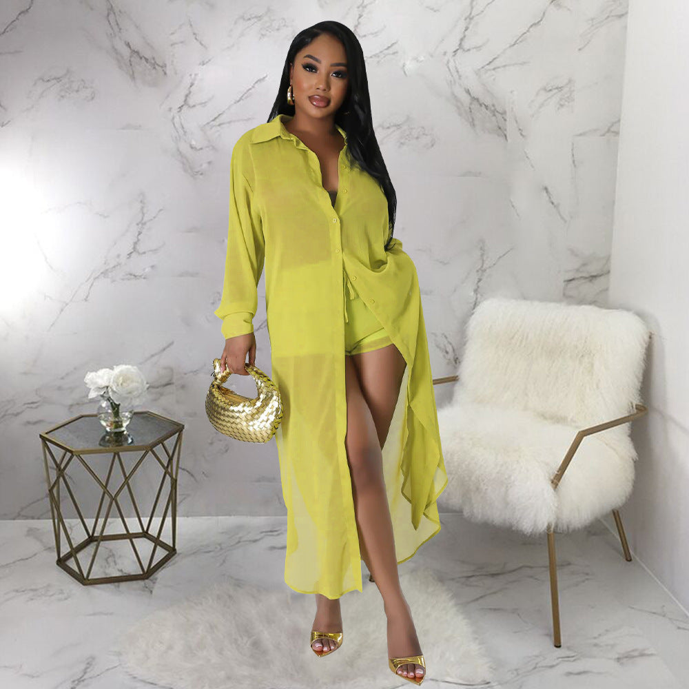 VVZ Women's Solid Color Button Front Shirt & Shorts Two-Piece Set