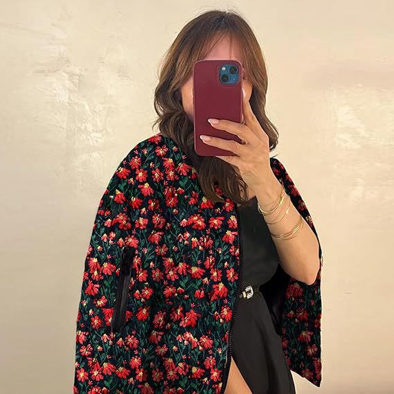 VVZ Women's Ramie Linen Embroidered Daisy Cropped Bomber Jacket