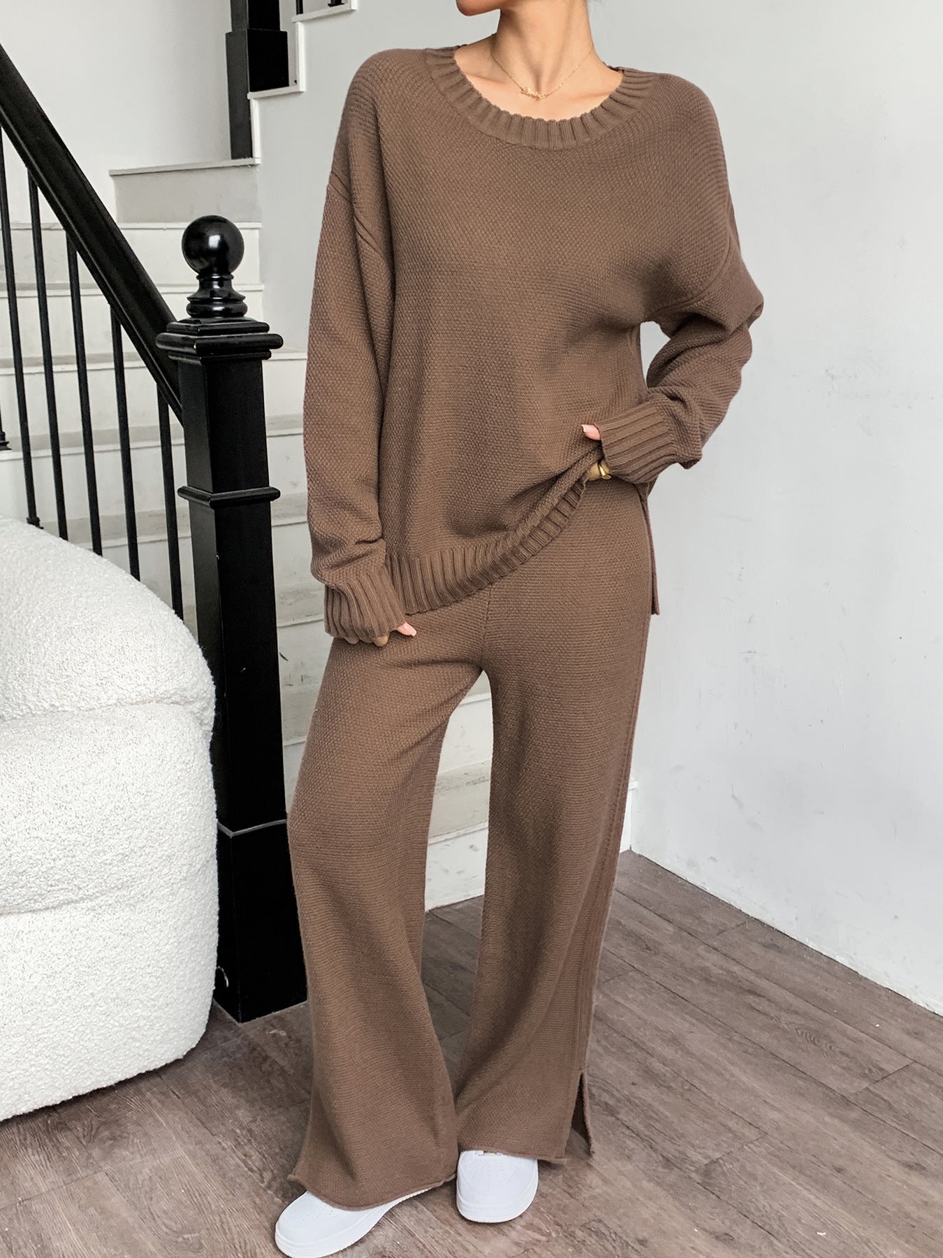 VVZ Women'S Oversized Round Neck Sweater & Wide-Leg Pants Two-Piece Set