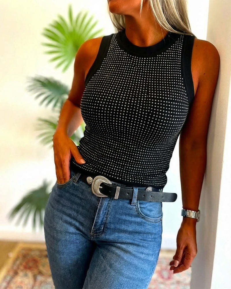 VVZ Women's Rhinestone Decorated Round Neck Sleeveless Slim Fit Ribbed Vest