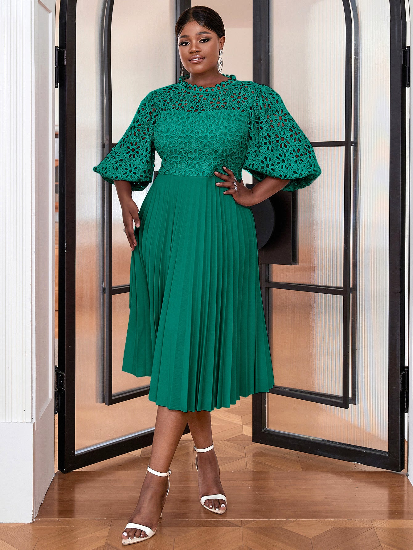 VVZ Solid-Color Open-Front Crocheted Lace Shawl Dress