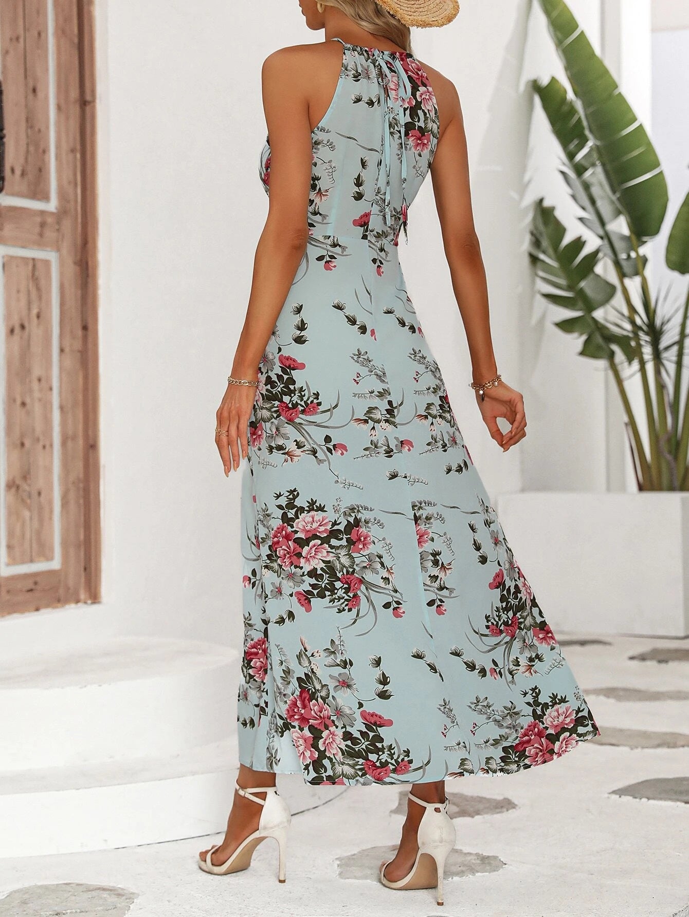 VVZ Women's Floral Print High-Slit Halter Dress