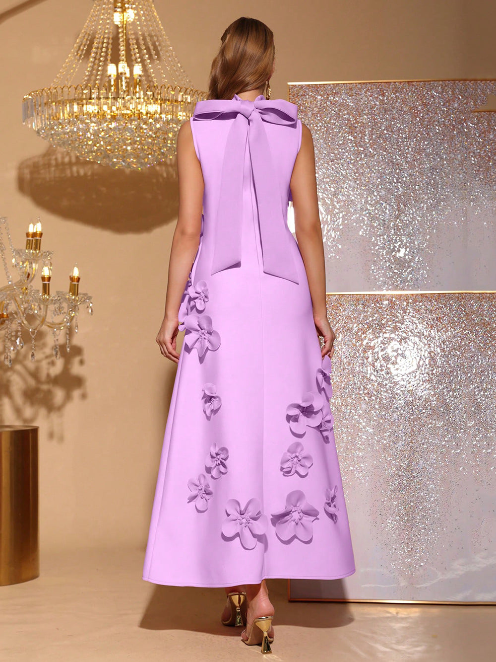 VVZ French-Style 3D Floral A-Line Maxi Dress