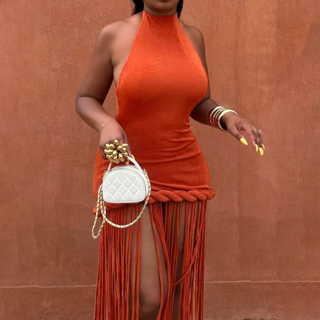 VVZ Sexy Halter-Neck Backless Solid-Color Dress