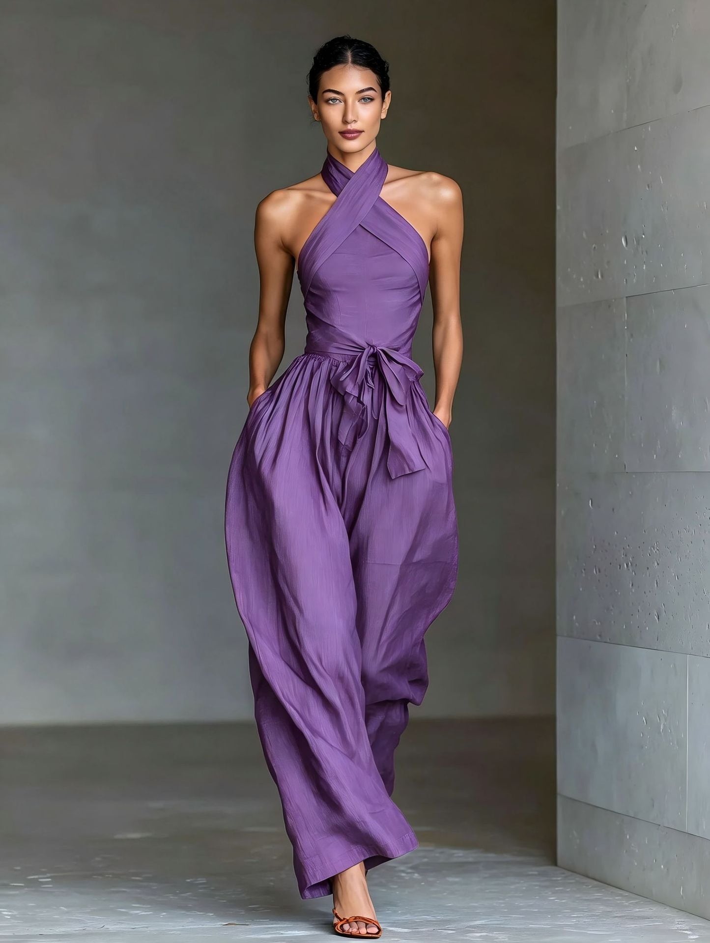 VVZ Women's Solid-Color Sleeveless Halter-Neck Tie-Front Jumpsuit