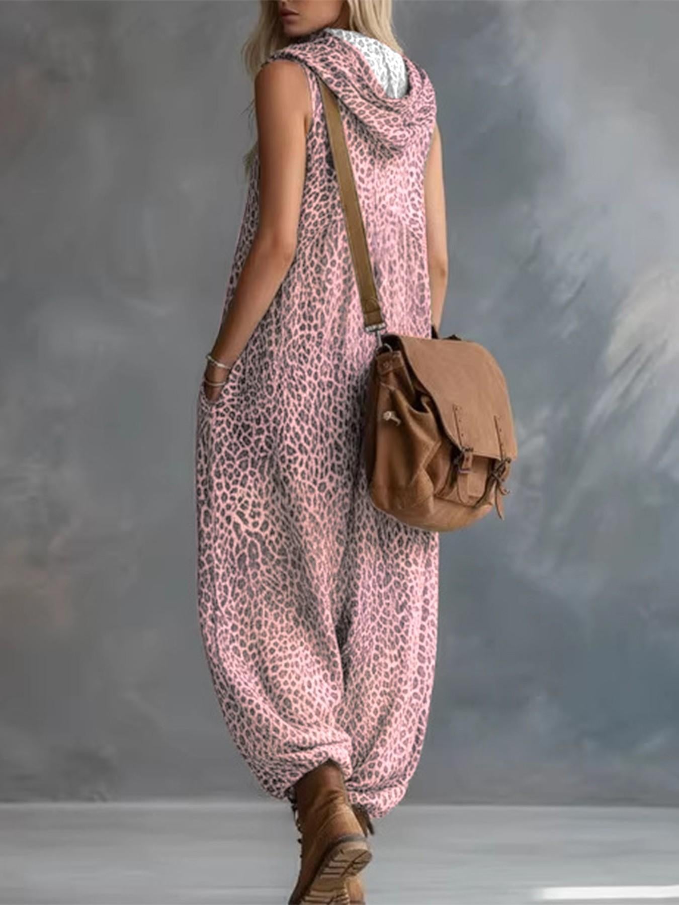 VVZ Women's Summer Leopard Print Hooded Zip-Up Jumpsuit