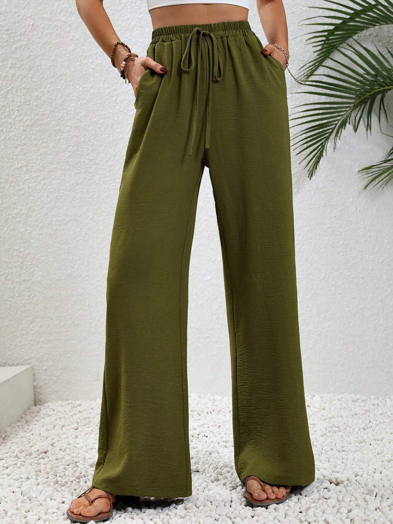 VVZ Women's Solid-Color Straight-Leg Pants with Pockets and Front Tie Closure