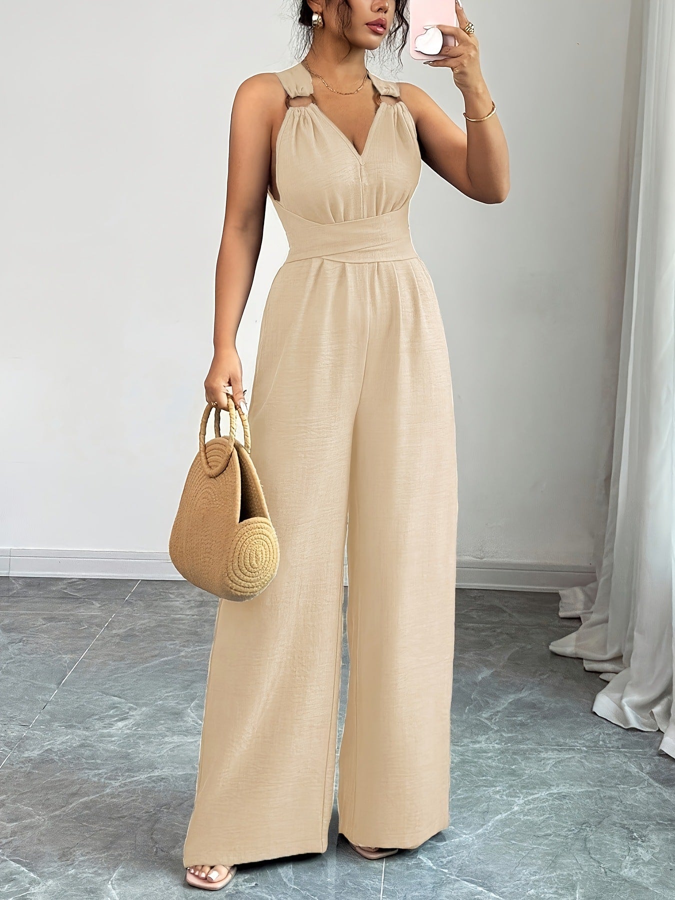 VVZ V-Neck, Tie-Waist, Wide-Leg Jumpsuit