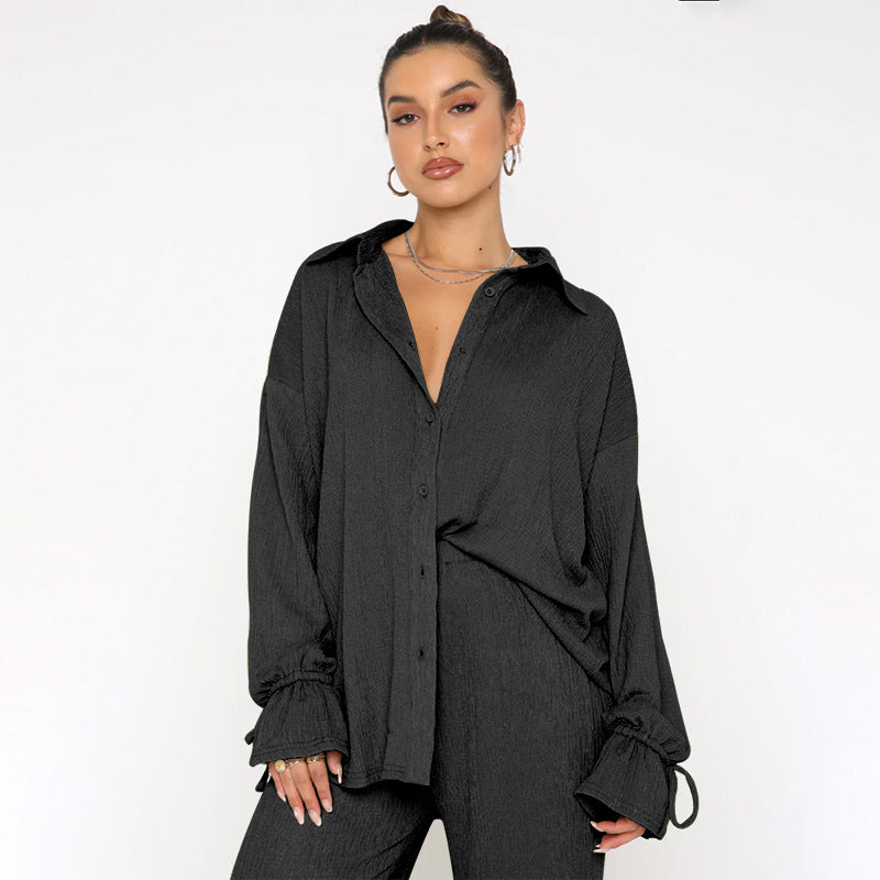 VVZ Women's Solid-Color Collared Button-Down Shirt and Slit-Hem Trousers Set