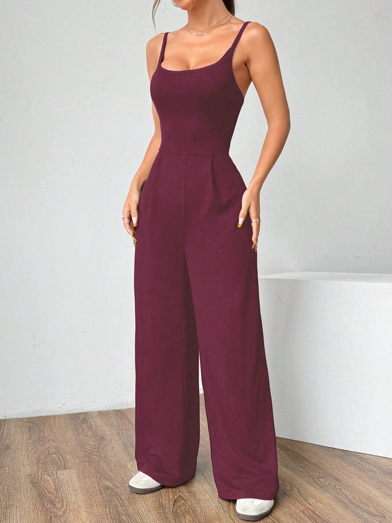 VVZ Women's Solid-Color Backless Pleated Spaghetti-Strap Jumpsuit