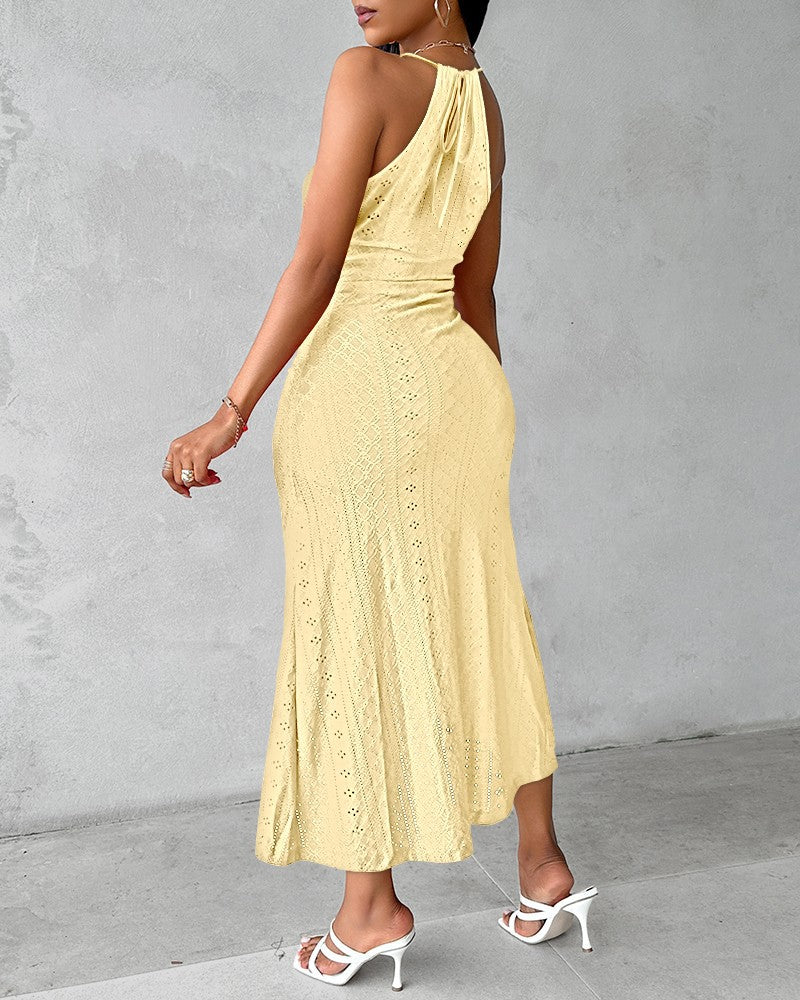 VVZ Sleeveless Pleated Long Gown with Front Slit